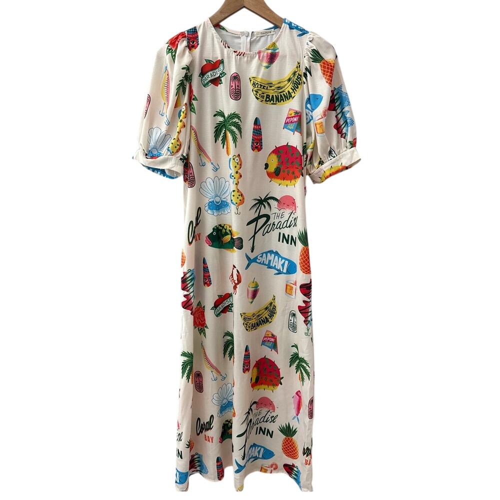 Sunday Up Paradise Printed Puff Sleeve Midi Dress Beige Multi Size Medium - Picture 3 of 11